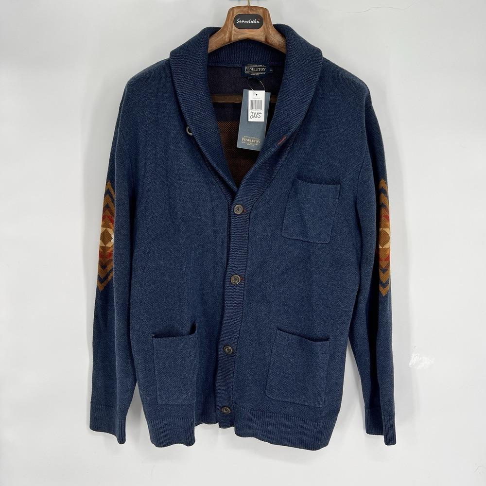 NEW Pendleton Wool Button Cardigan Sweater HARDING  Maroon & Tan cross design XL